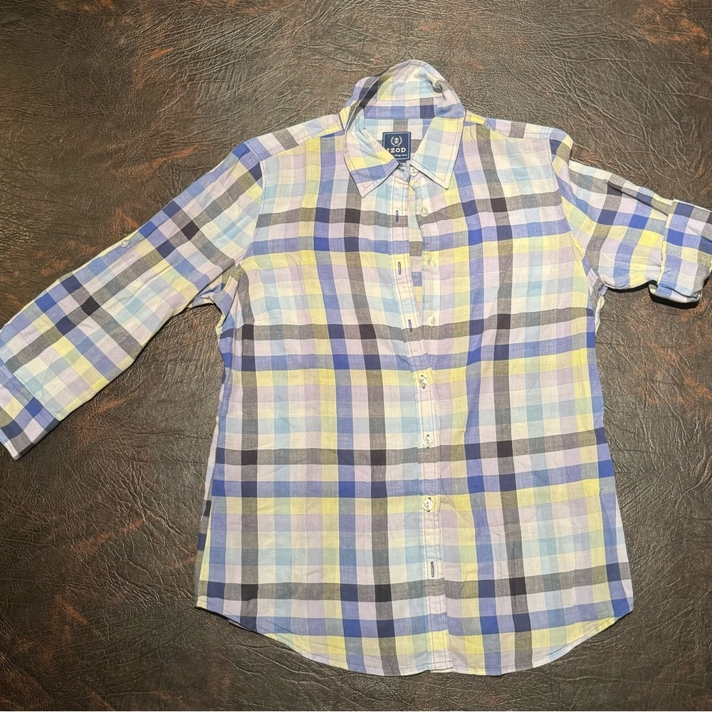 Blue, Green, Yellow button up shirt, kids size small, IZOD brand